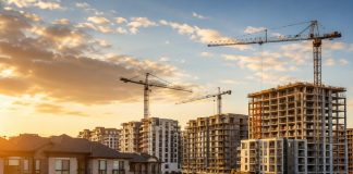 Non, l’État ne réglera pas la crise du logement Chantier de construction de logements avec plusieurs immeubles résidentiels et grues au coucher du soleil