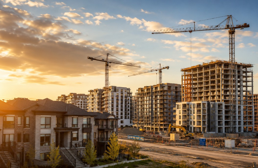 Chantier de construction de logements avec plusieurs immeubles résidentiels et grues au coucher du soleil