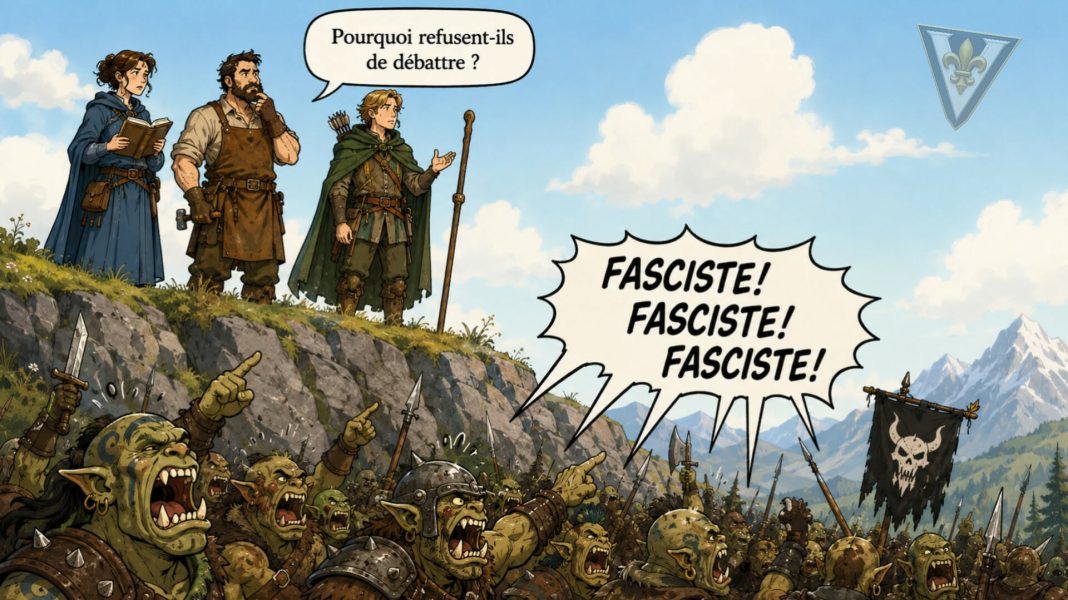 Caricature d’Antifa représenté par une horde d’orcs accusant un adversaire de fascisme