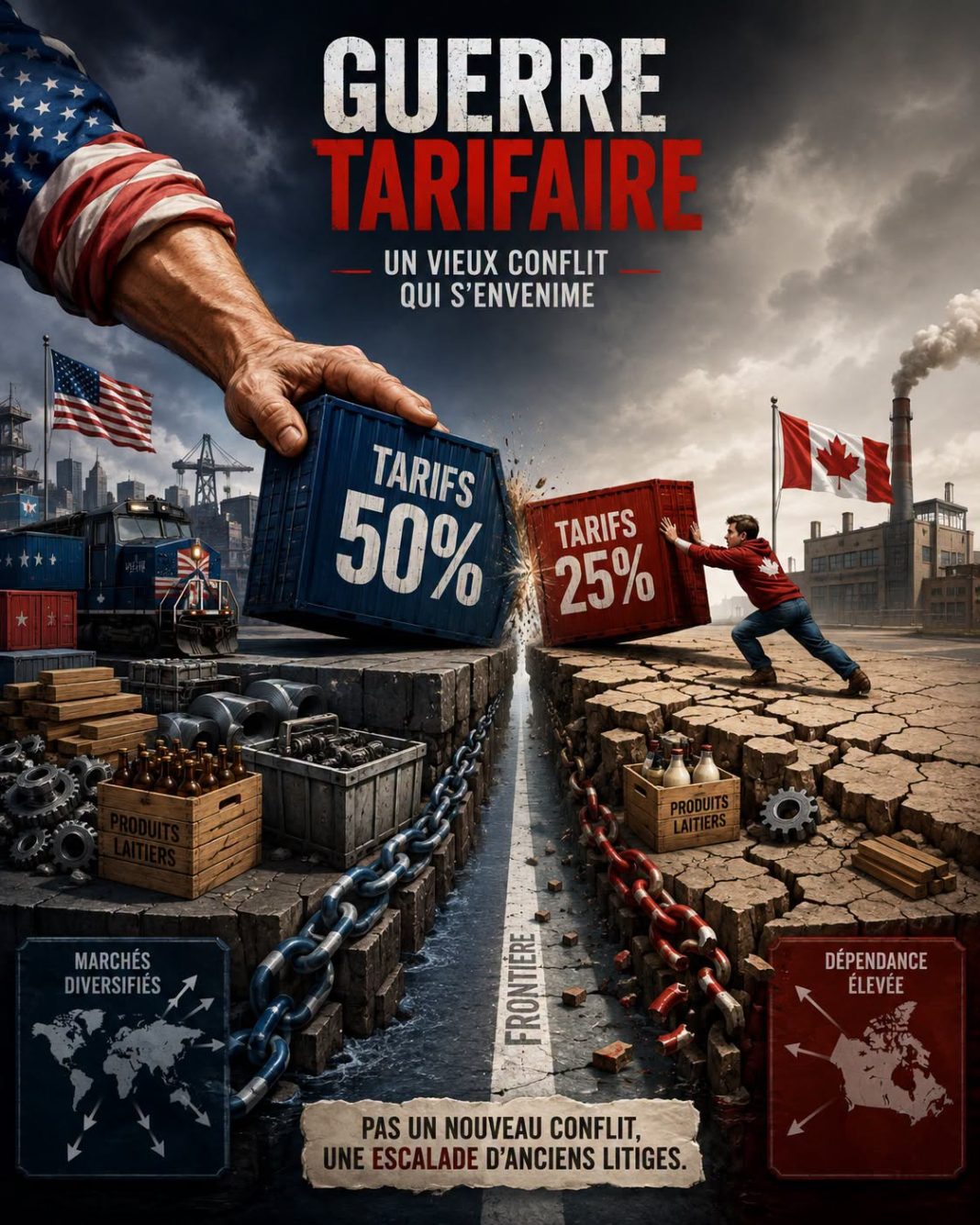 Guerre commerciale entre le Canada et les États-Unis, illustrée par des tarifs douaniers de 25 % à 50 %, des conteneurs, des marchandises et les drapeaux canadien et américain.