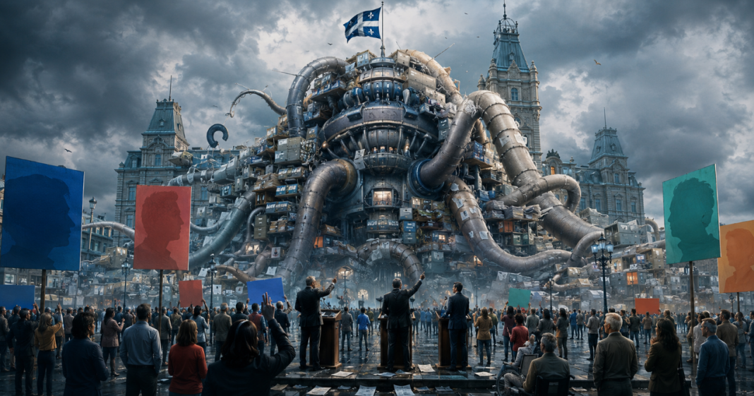 Dépendance à l’État au Québec illustrée par une immense machine bureaucratique devant le Parlement