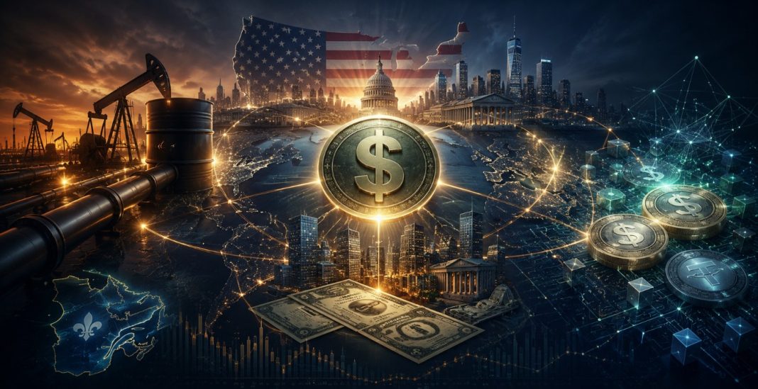 Illustration du système mondial du dollar reliant pétrodollar, finance américaine et stablecoins