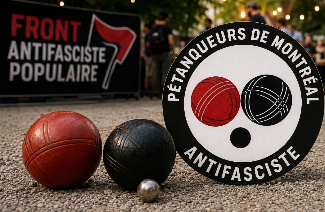 Boules de pétanque rouges et noires illustrant un événement antifasciste à Montréal