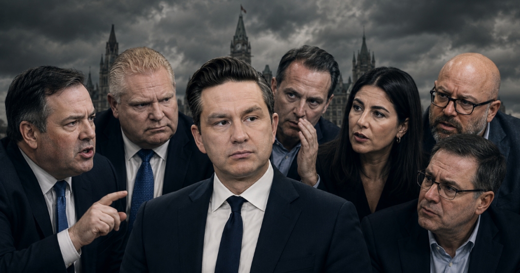 Montage politique illustrant les tensions et divisions autour du leadership conservateur fédéral au Canada