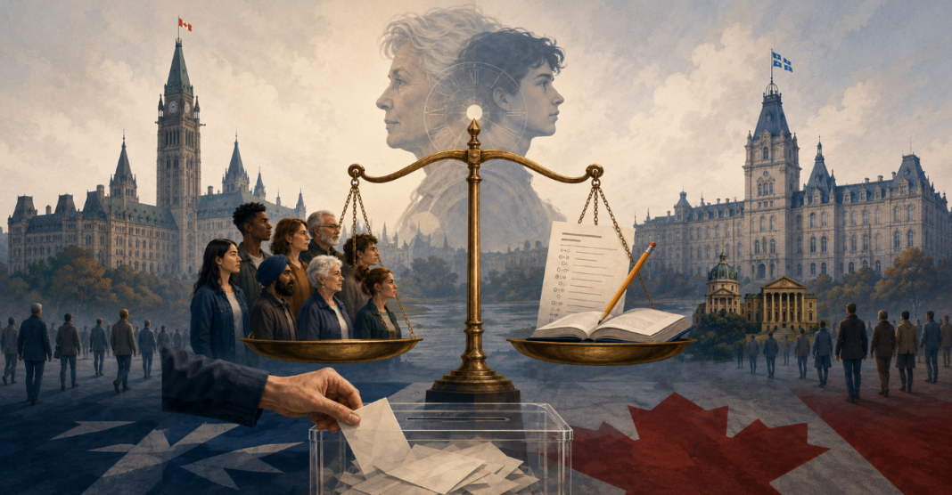 Urne électorale, balance de la justice et citoyens devant les parlements du Canada et du Québec, illustrant le débat sur le droit de vote.