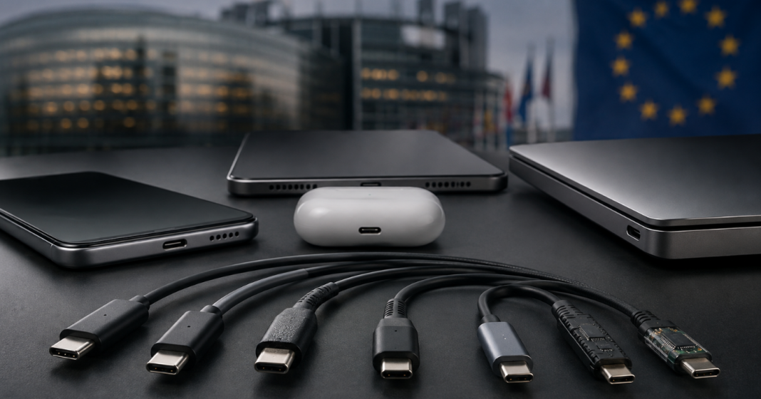 Appareils électroniques et câbles USB-C devant le Parlement européen, symbolisant l’obligation du chargeur universel dans l’Union européenne.