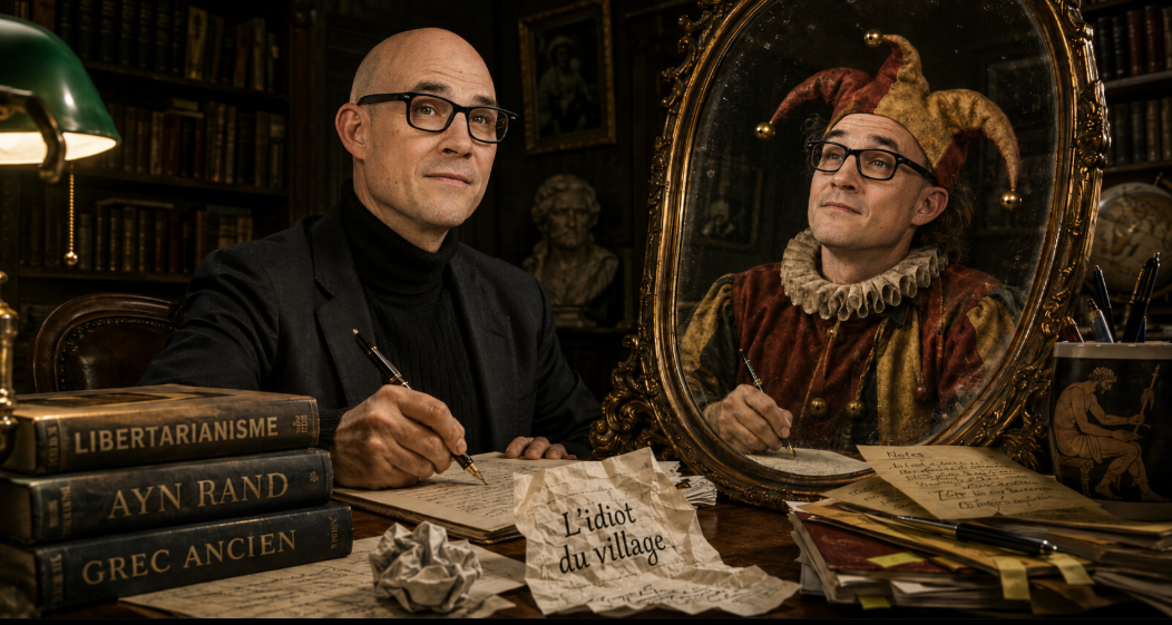 Mark Fortier devant un miroir où son reflet apparaît en bouffon, illustration satirique de « L’idiot du village »