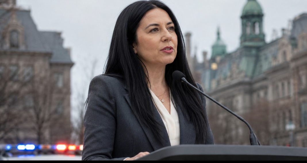 Soraya Martinez Ferrada et le SPVM à Montréal, avec des gyrophares policiers en arrière-plan
