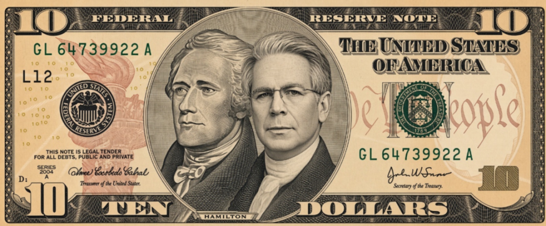 Montage sur un billet américain illustrant le moment hamiltonien et la nouvelle doctrine économique américaine.