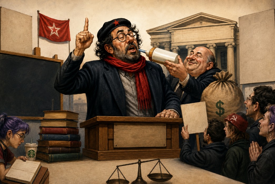 Caricature satirique d’un professeur d’université militant devant une université publique, illustrant un billet d’opinion sur les intellectuels de gauche, les subventions et le rôle de l’État.