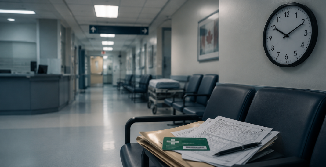 Salle d’attente d’un hôpital canadien avec horloge, carte d’assurance maladie et documents médicaux.