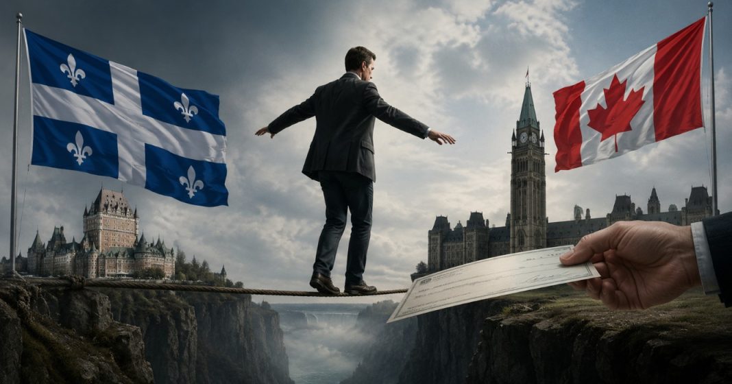 Un homme en équilibre entre le Québec et le Canada, avec les drapeaux québécois et canadien et un chèque symbolisant les transferts fédéraux.