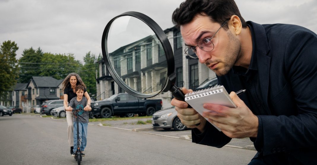 Francis Pilon et le Watergate de la trottinette : quand le »journalisme » touche le fond Francis Pilon scrutant une candidate du PCQ et son fils sur une trottinette électrique