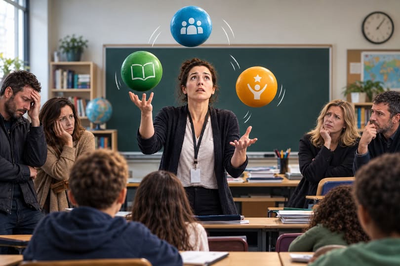 Enseignante devant une classe, illustrant différentes aptitudes et parcours éducatifs chez les élèves.