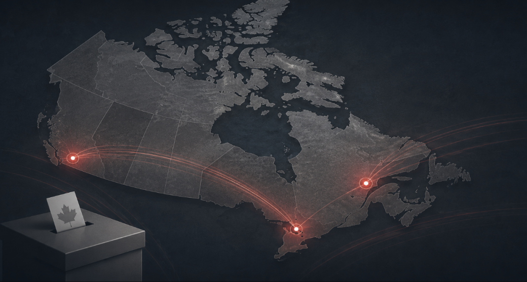 Les libéraux raflent les trois élections partielles fédérales Carte du Canada illustrant les trois élections partielles fédérales du 31 août 2026 remportées par le Parti libéral.