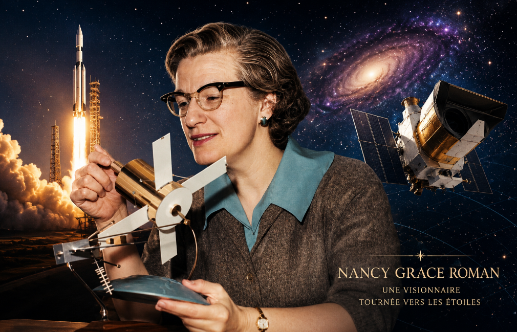 Nancy Grace Roman avec le télescope spatial qui porte son nom, sur fond de galaxies et de lancement spatial