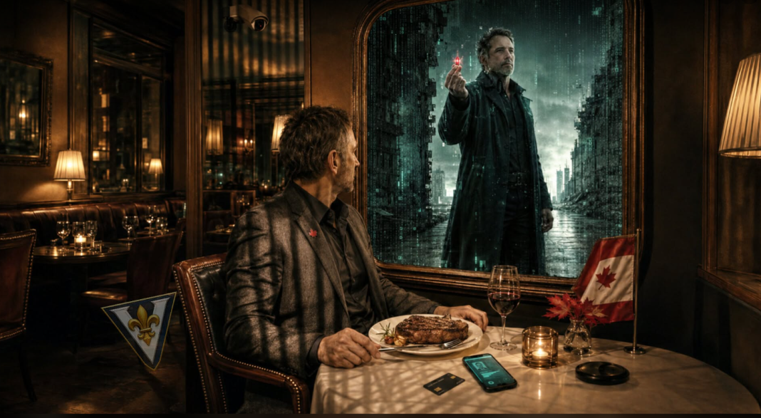 Homme assis devant un steak dans un restaurant sombre, référence à Cypher et Neo dans The Matrix