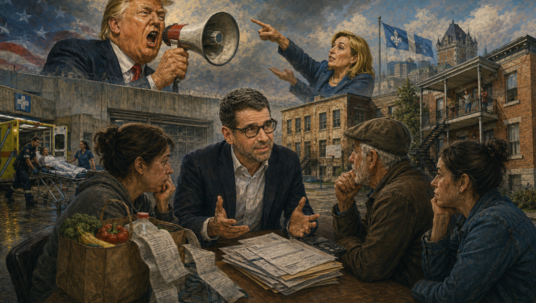 Éric Duhaime discute avec des citoyens québécois préoccupés par le coût de la vie, le logement et les services publics, tandis que Donald Trump et Christine Fréchette dominent l’arrière-plan politique.