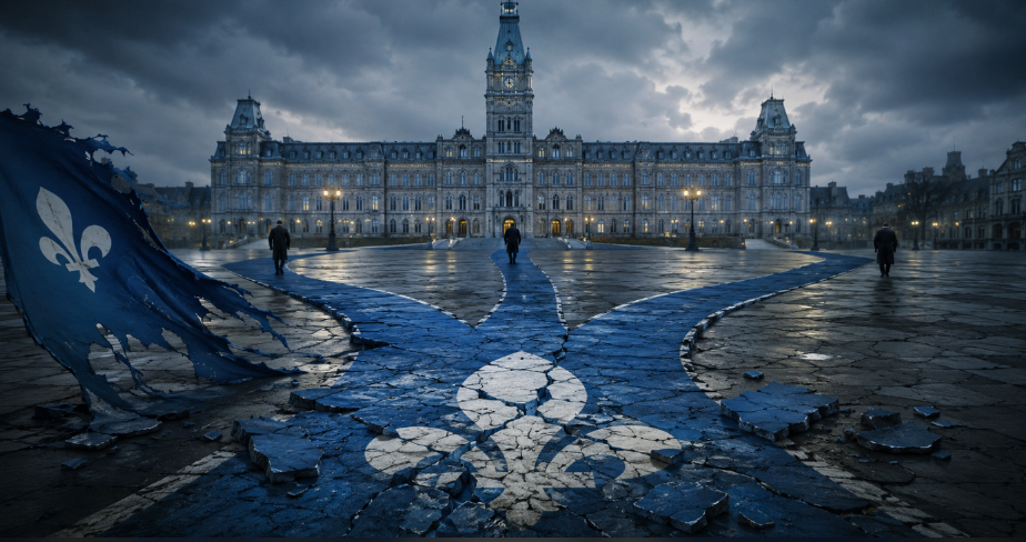 Drapeau du Québec fragmenté devant l’Assemblée nationale, symbolisant la dispersion du courant bleu en politique québécoise.