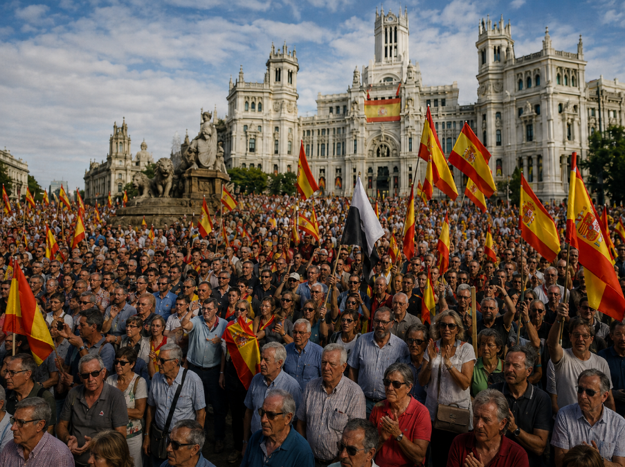 Manifestations en Espagne à Madrid avec des drapeaux espagnols