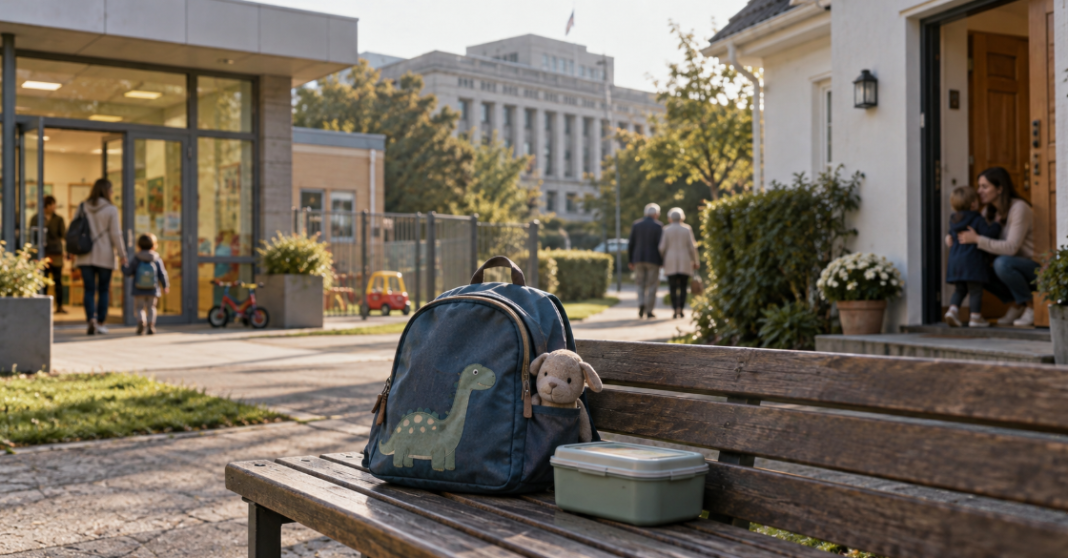 Sac d’enfant posé sur un banc entre une garderie et une maison familiale, illustrant le choix des parents en matière de garde.
