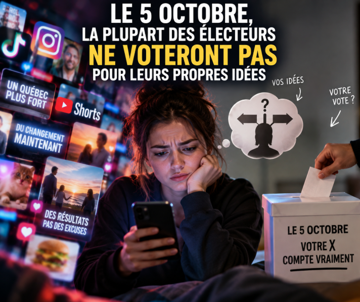 Le 5 octobre, la plupart des électeurs ne voteront pas pour leurs propres idées Élections Québec 2026 : électrice devant son téléphone avant de voter le 5 octobre