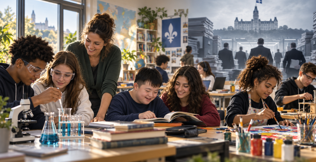 Des élèves et une enseignante dans une classe, illustrant l’autonomie scolaire et la diversité des parcours éducatifs au Québec.