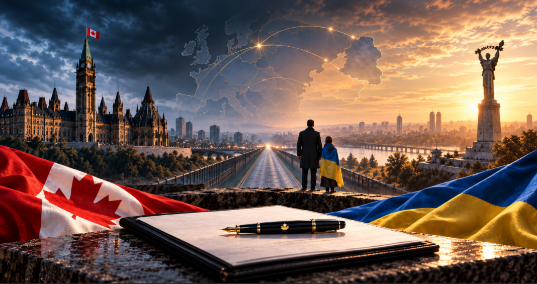 Illustration du partenariat Canada-Ukraine : drapeaux des deux pays, Parlement à Ottawa, monument à Kyiv et document avec un stylo.