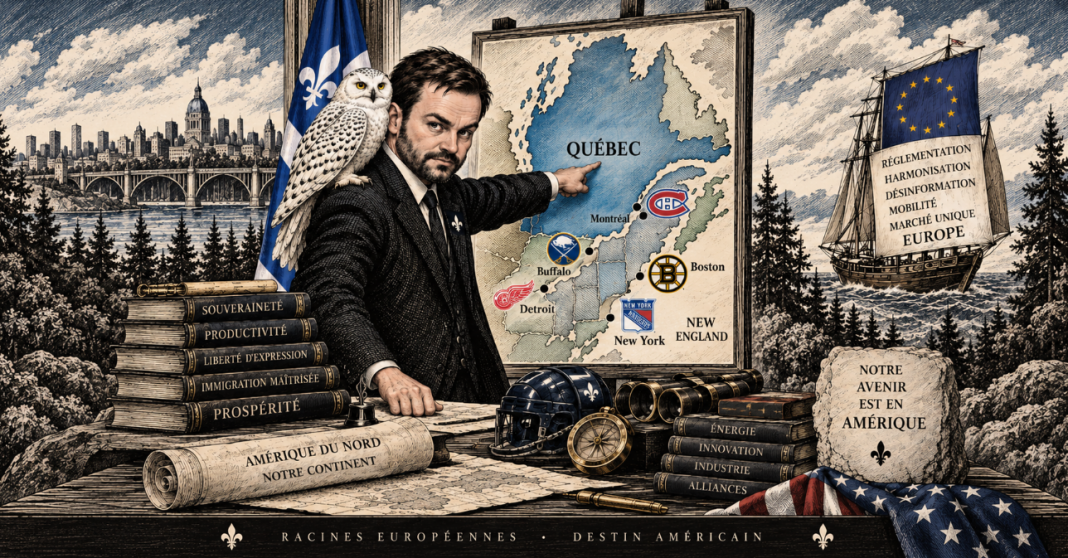 Paul Saint-Pierre Plamondon devant une carte du Québec tournée vers l’Amérique du Nord, avec des symboles européens et américains.