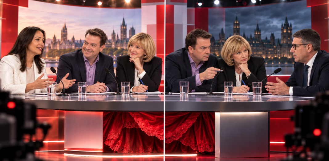 Éric Duhaime et Ruba Ghazal lors de l’émission Cinq chefs, une élection à Radio-Canada
