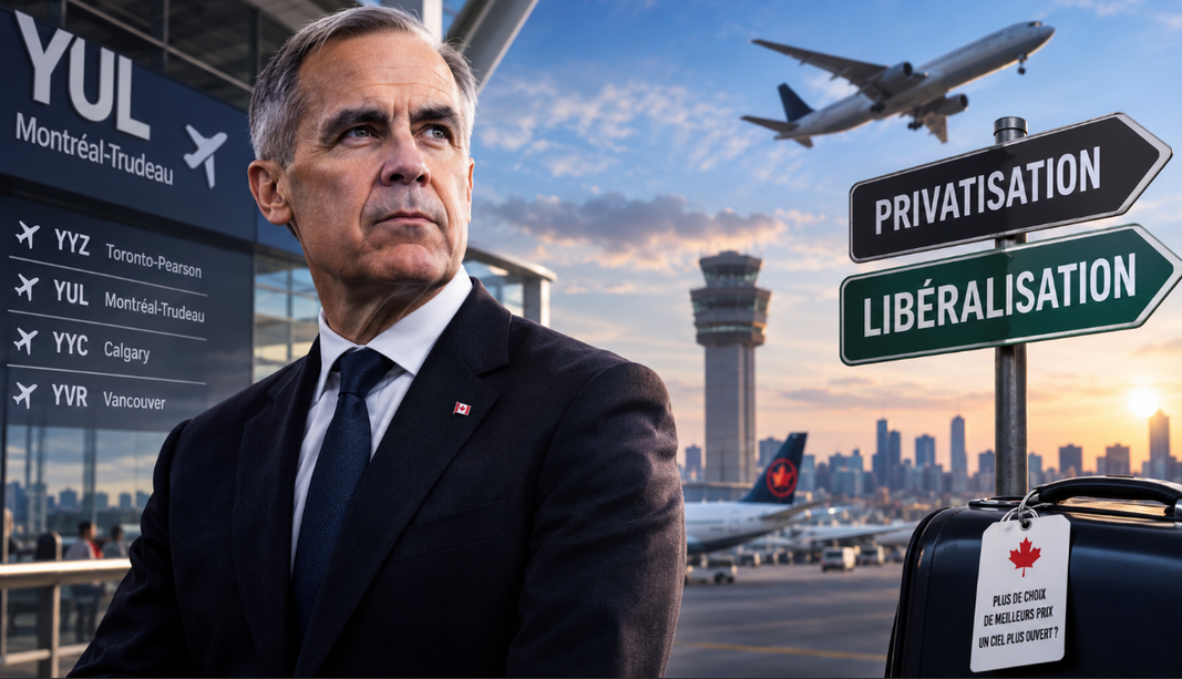Mark Carney devant l’aéroport Montréal-Trudeau, avec des panneaux indiquant privatisation et libéralisation du transport aérien.