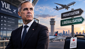 Mark Carney devant l’aéroport Montréal-Trudeau, avec des panneaux indiquant privatisation et libéralisation du transport aérien.