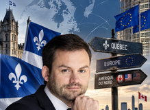 Paul Saint-Pierre Plamondon entre les symboles du Québec, de l’Union européenne et de l’Amérique du Nord.