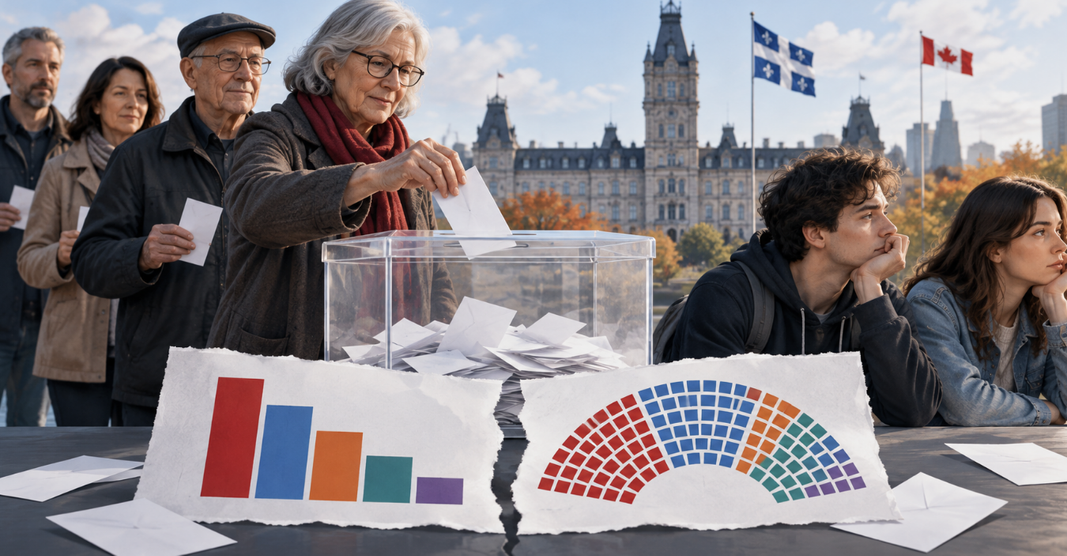 Électeurs québécois devant une urne, illustrant la participation électorale, les distorsions du mode de scrutin et le désengagement des jeunes.