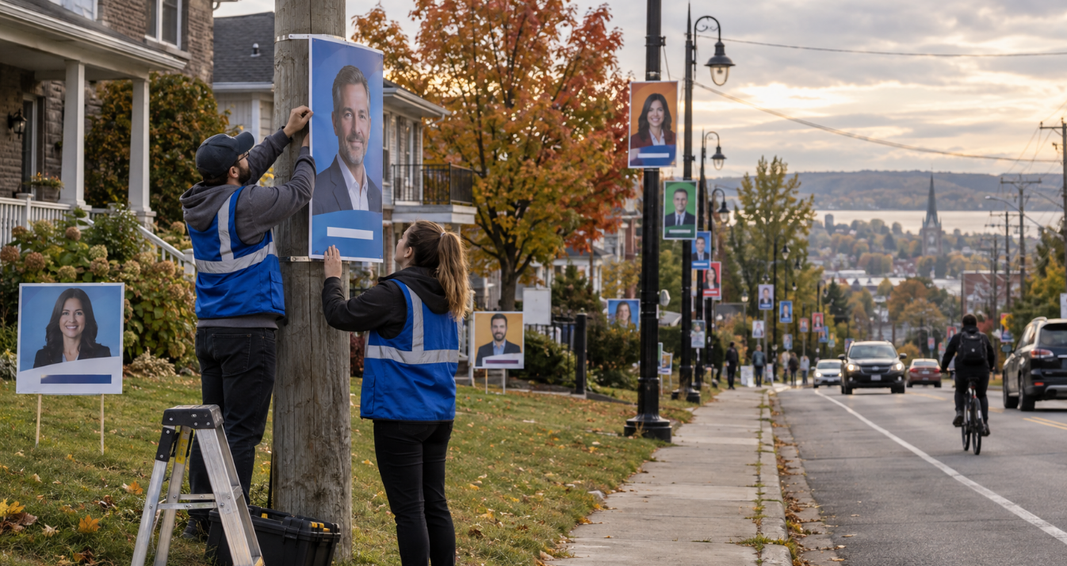 Des bénévoles installent des pancartes électorales dans une rue résidentielle du Québec pendant une campagne électorale.