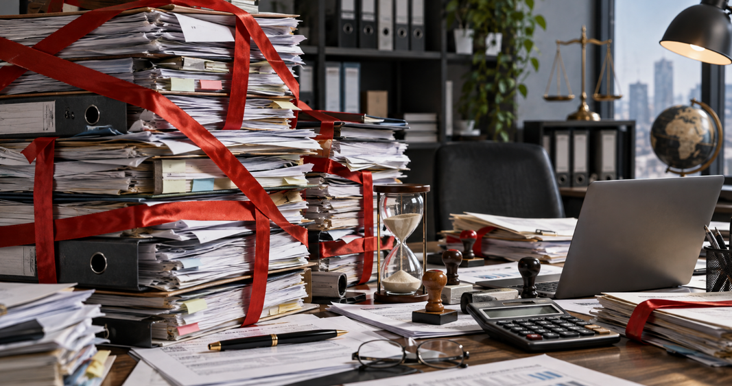 Accumulation de dossiers, formulaires et documents administratifs illustrant le poids de la réglementation et de la paperasserie.