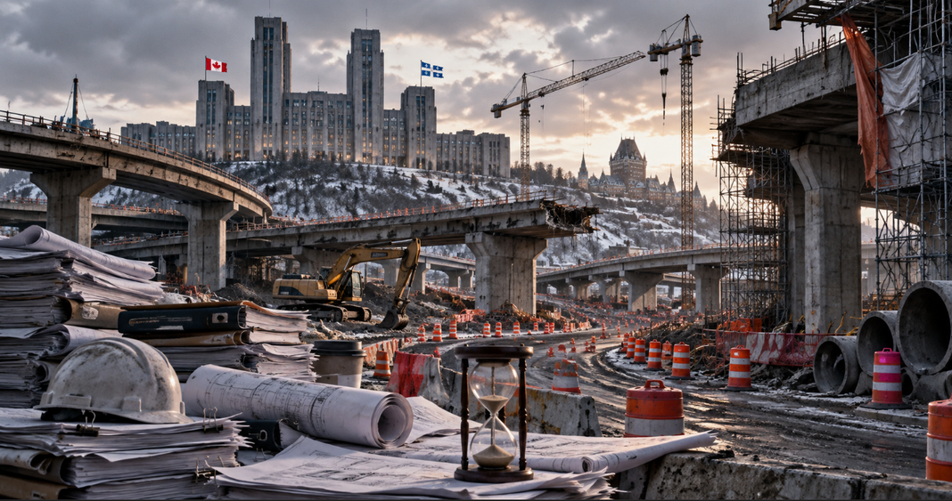 Chantier d’infrastructure au Québec avec viaducs, grues et édifices gouvernementaux en arrière-plan.