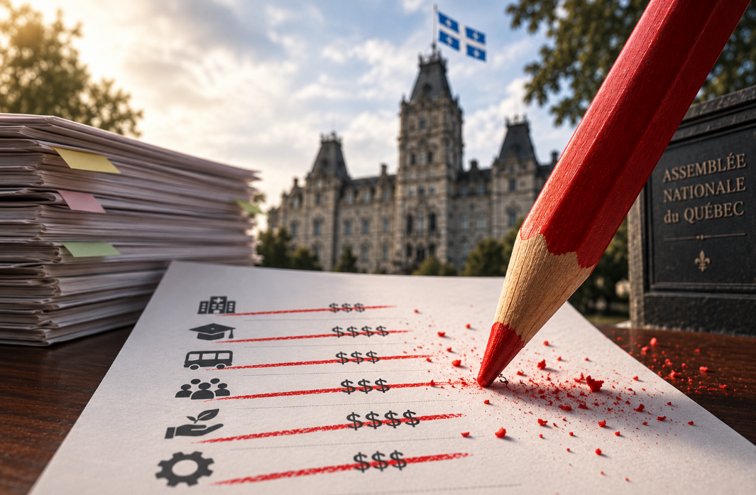 Crayon rouge barrant des dépenses publiques devant l’Assemblée nationale du Québec