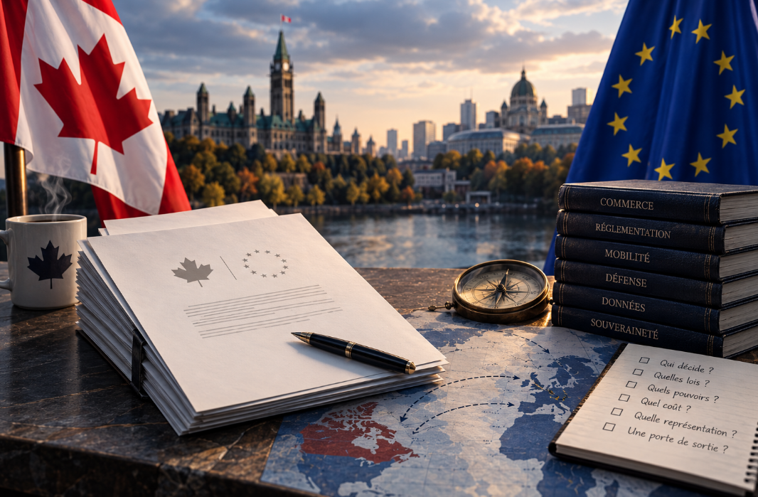 Documents Canada–Union européenne sur une table avec drapeaux canadien et européen, illustrant le projet d’alliance plus intégrée entre Ottawa et Bruxelles.