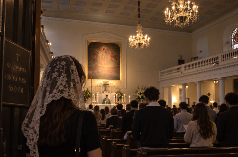 Jeune femme portant une mantille lors d’une messe catholique dans une église