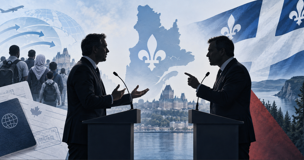 Illustration d’un débat politique sur l’immigration et l’avenir du Québec, avec deux hommes devant des lutrins, le drapeau québécois et une silhouette du Québec.