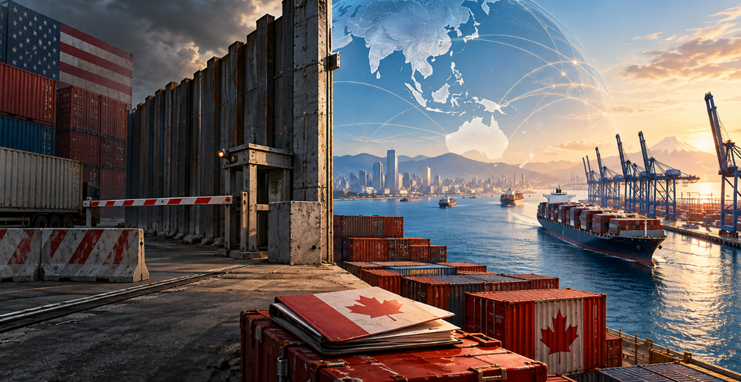 Conteneurs canadiens dans un port, avec une frontière américaine fermée à gauche et des routes commerciales vers l’Asie à droite.