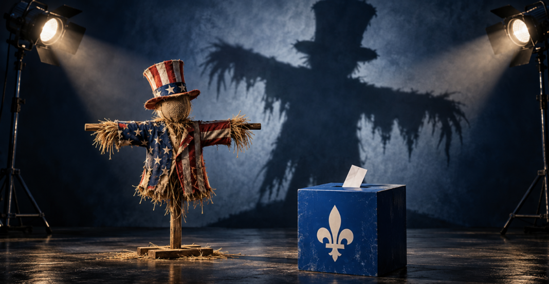 Épouvantail aux couleurs américaines projetant une grande ombre derrière une urne québécoise, sous des projecteurs.