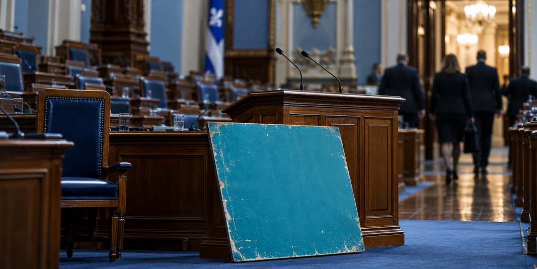 Salle parlementaire québécoise avec une pancarte turquoise usée, symbole d’un parti politique en fin de cycle.