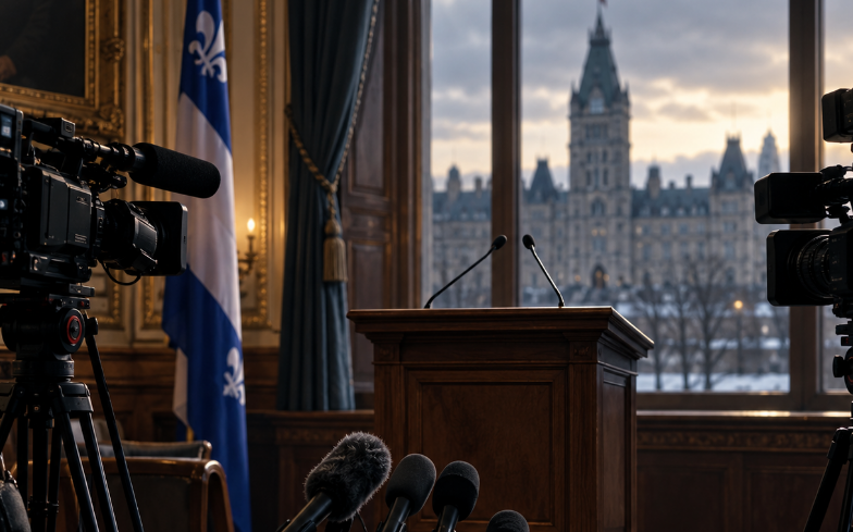 Salle de presse à Québec avec caméras, microphones, drapeau du Québec et lutrin devant l’Assemblée nationale.