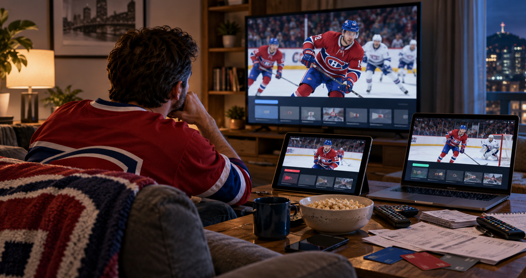 Partisan du Canadien de Montréal regardant des matchs de hockey sur plusieurs écrans et plateformes de diffusion.