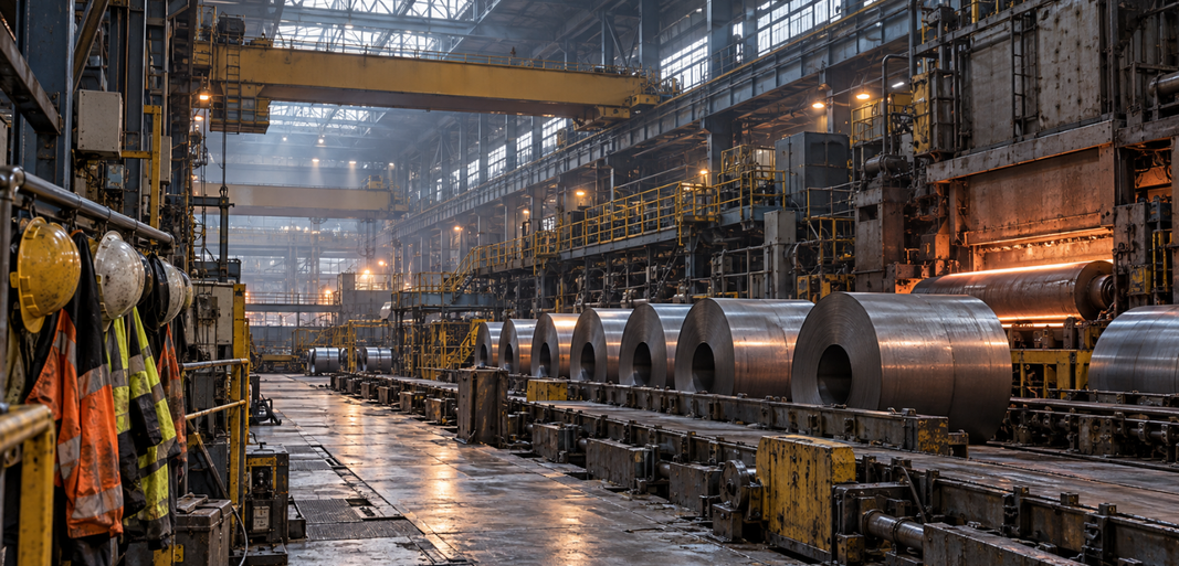 Subventionner aujourd’hui, menacer demain : l’étrange mariage de l’État et de l’industrie Aciérie ontarienne avec rouleaux d’acier et installations industrielles, symbolisant les tensions entre subventions publiques, emplois et réalité du marché.