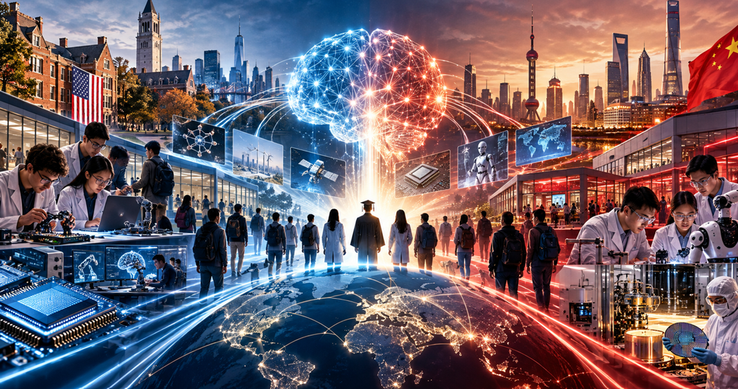 La bataille du capital humain : l’Amérique peut-elle encore former et retenir le talent face à la Chine ? Illustration de la compétition technologique entre les États-Unis et la Chine autour du capital humain, de l’intelligence artificielle, de la recherche et des semi-conducteurs.