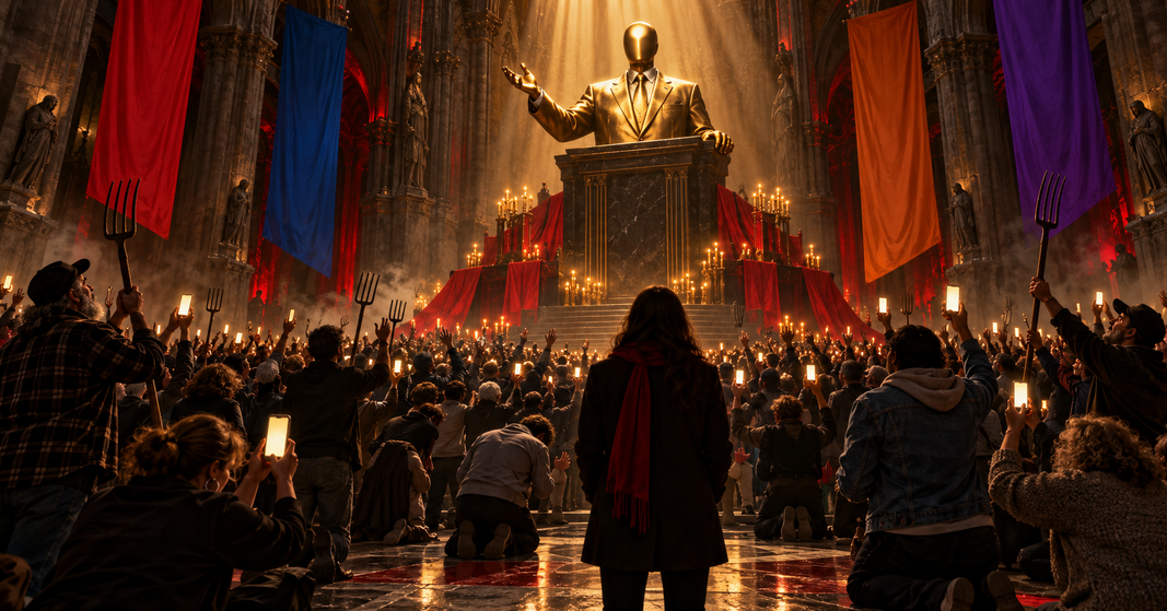 Une foule de militants politiques se prosterne devant une idole dorée dans une cathédrale