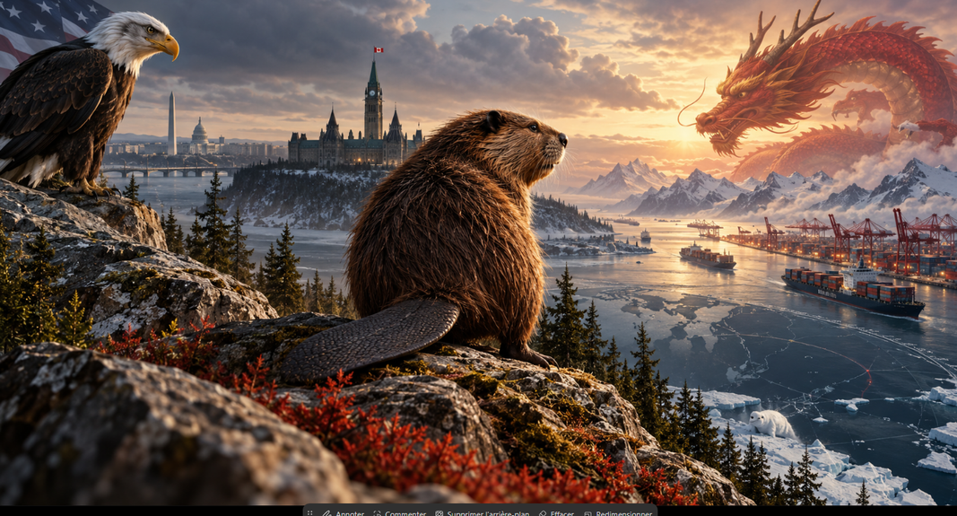 Un castor canadien entre un aigle américain et un dragon chinois, symbolisant le repositionnement stratégique du Canada entre les États-Unis et la Chine.